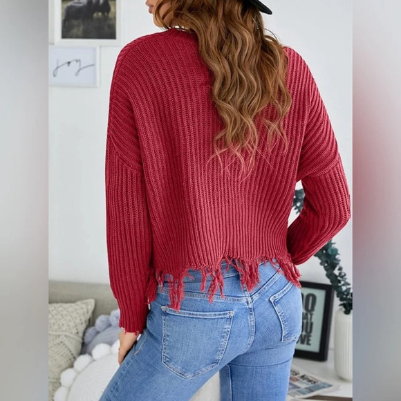Fashion Forward: Guess Burgundy DESTROYED SWEATER'/Distressed/V-neck/Fringe knit - Picture 2 of 6